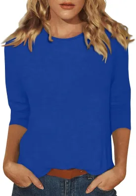3/4 Length Sleeve Womens Tops Casual Loose Fit Crewneck T Shirts Cute Solid Three Quarter Length Tunic Tops