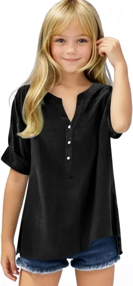 5-15T Baby Girls Linen Shirts Fashion Solid Color Short Sleeves V-Neck T-Shirts Soft Comfy Summer Blouse Tops