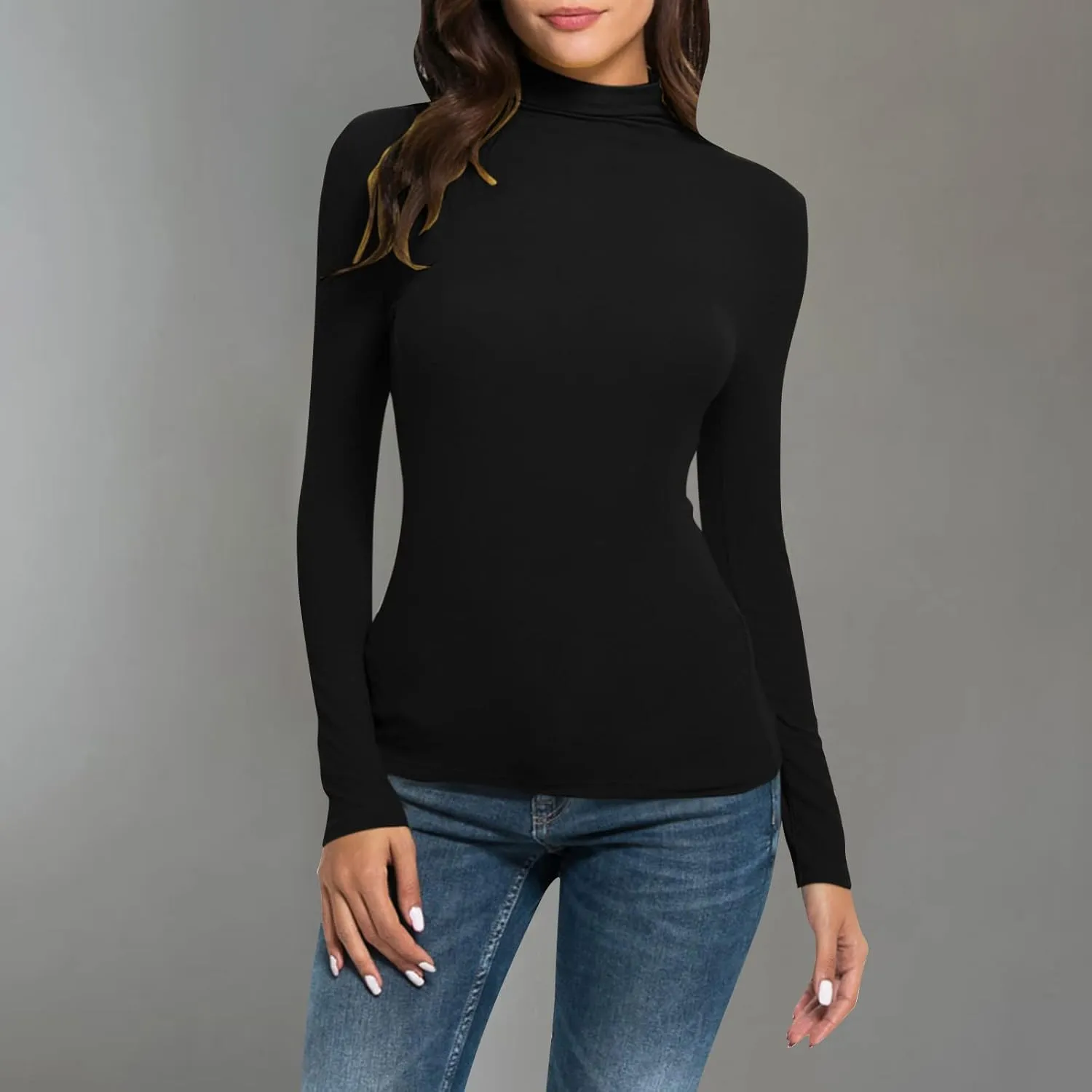 Active Layer Shirts Womens Mock Turtleneck Long-Sleeve Shirts Fitted Basic Stretchy Pullover Light Casual Tight Tops