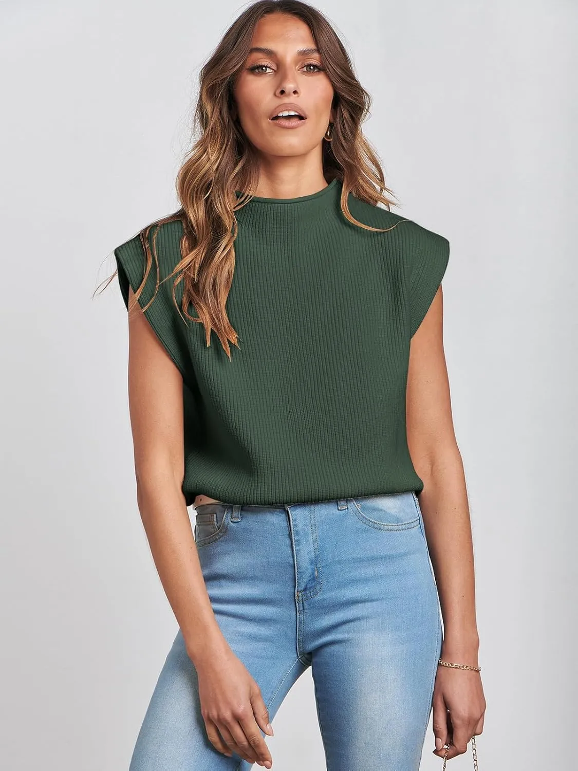 ANRABESS Women's Mock Neck Sleeveless Sweater Vest Casual Cap Sleeve Knit Pullover Tank Tops 2025 Spring Summer Clothes