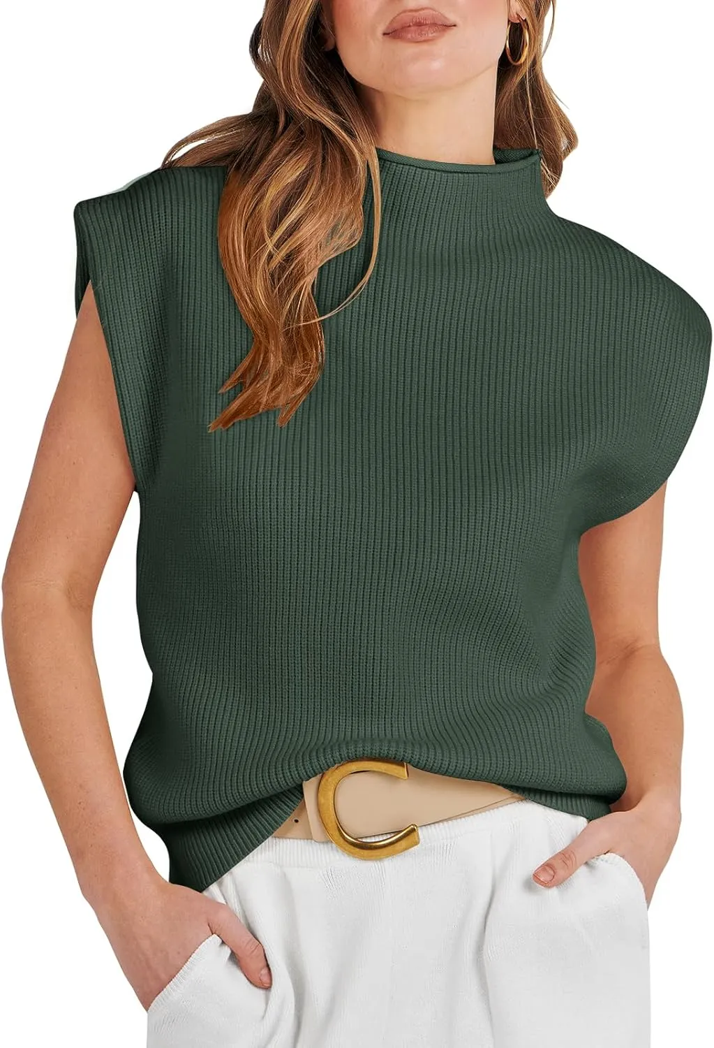 ANRABESS Women's Mock Neck Sleeveless Sweater Vest Casual Cap Sleeve Knit Pullover Tank Tops 2025 Spring Summer Clothes