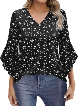 Blouses for Women Dressy Casual Cute Boho Floral Print Shirts 3/4 Ruffle Sleeve V Neck Double Layers Business Tops
