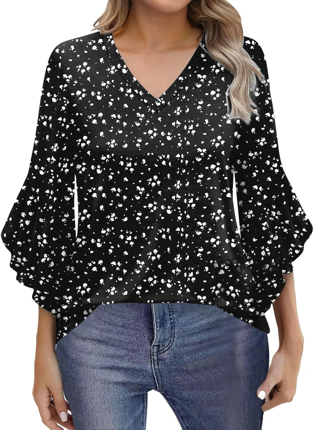 Blouses for Women Dressy Casual Cute Boho Floral Print Shirts 3/4 Ruffle Sleeve V Neck Double Layers Business Tops