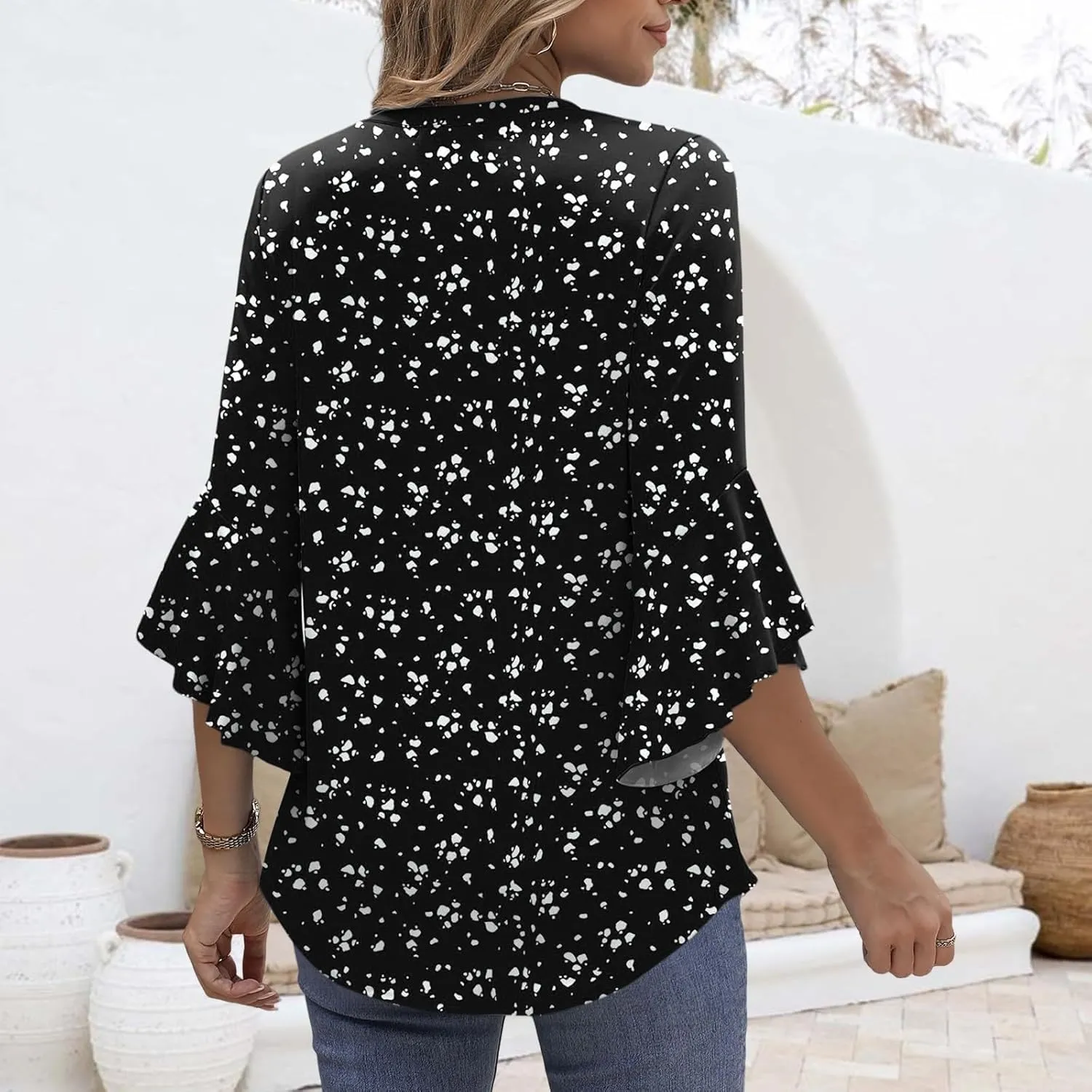 Blouses for Women Dressy Casual Cute Boho Floral Print Shirts 3/4 Ruffle Sleeve V Neck Double Layers Business Tops