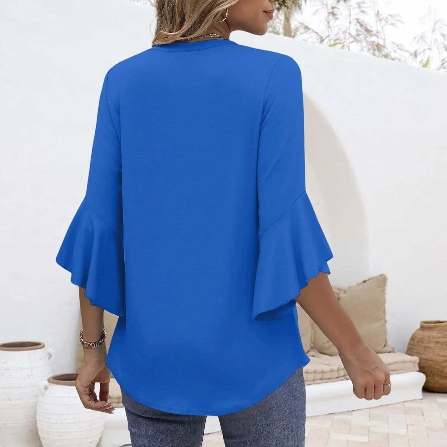 Blouses for Women Dressy Casual Cute Boho Floral Print Shirts 3/4 Ruffle Sleeve V Neck Double Layers Business Tops