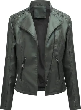 BOFETA Womens Faux Leather Long Sleeve Jackets Quilted Moto Outwear Slim Lapel Coats