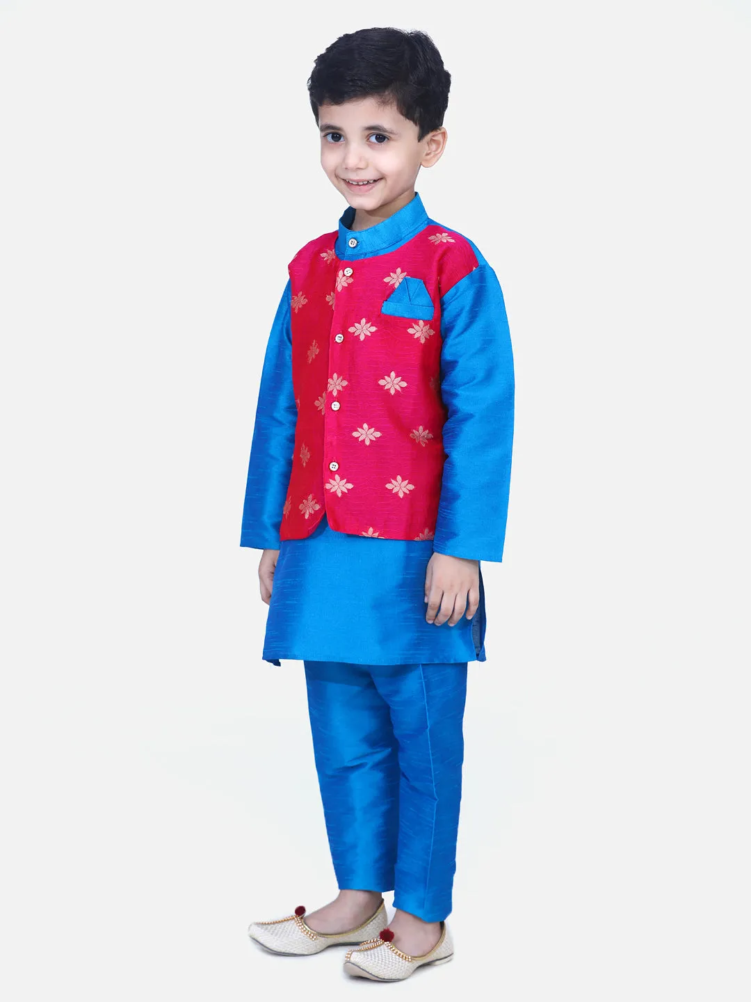 Boys Ethnic Wear Attached Chiffon printed Jacket Full Sleeve Kurta Pajama- Blue