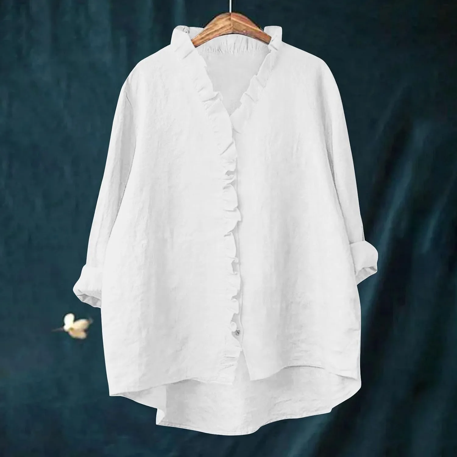 Button Down Shirt for Women Dressy Casual Cotton Linen 3/4 Sleeve Hi-Low Hem Blouse Ruffle Trim V Neck Summer Beach Tops