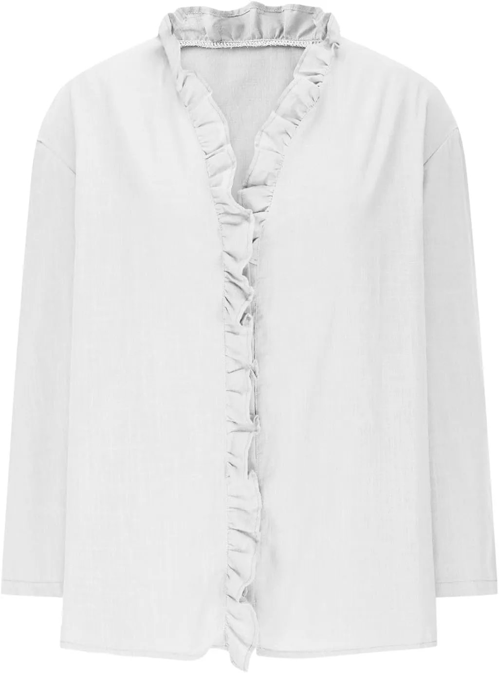 Button Down Shirt for Women Dressy Casual Cotton Linen 3/4 Sleeve Hi-Low Hem Blouse Ruffle Trim V Neck Summer Beach Tops