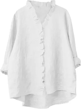 Button Down Shirt for Women Dressy Casual Cotton Linen 3/4 Sleeve Hi-Low Hem Blouse Ruffle Trim V Neck Summer Beach Tops