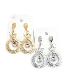 Carved Rhinestone Drop Earrings Goldplate Silverplate 2&1/2"