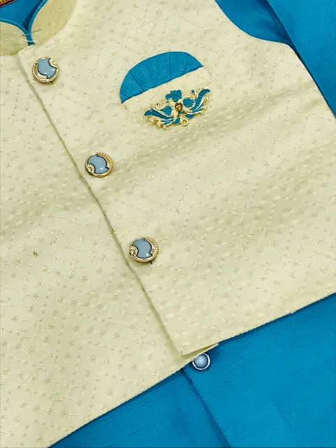 Charming Sky Blue Colored Silk Cotton Boys Sherwani With Pajama Pant Sets