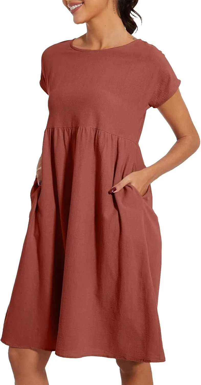 Cotton Linen Dress Womens Casual Summer Cap Sleeve Midi Dress A Line Flowy Knee Length T Shirt Dress with Pockets