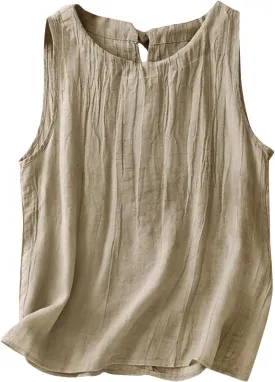 Cotton Linen Tank Tops for Women Loose Fit Sleeveless Button Tee Shirts Summer Casual Flowy Blouses Gauze Tunic Tops