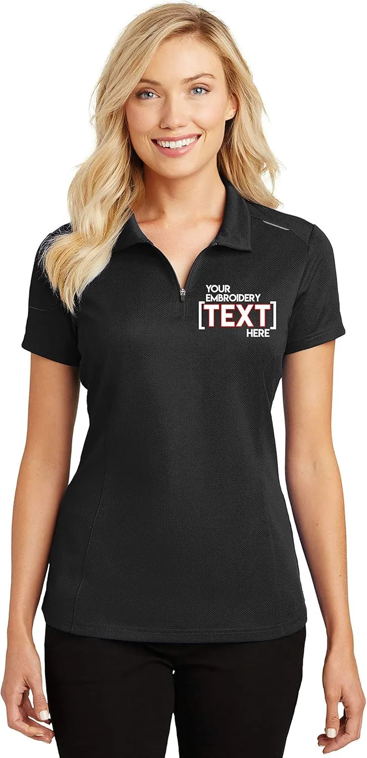 Custom Embroidered Polo Shirts for Ladies - Pinpoint Mesh Quarter Zip Personalized Embroidery Polos