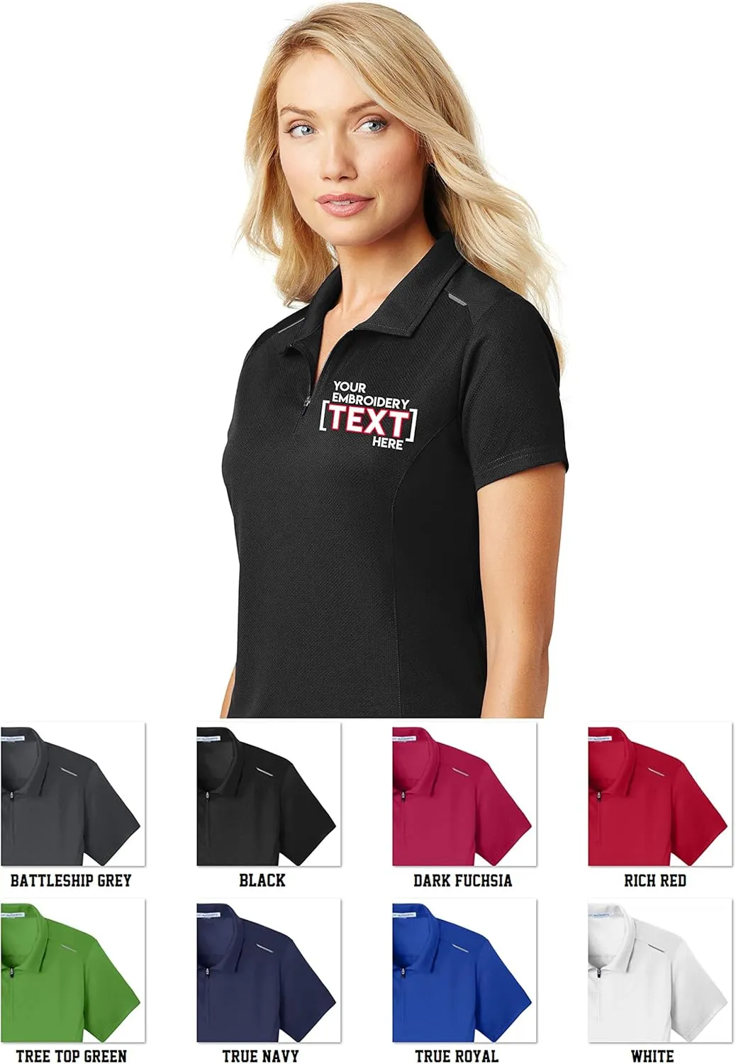 Custom Embroidered Polo Shirts for Ladies - Pinpoint Mesh Quarter Zip Personalized Embroidery Polos
