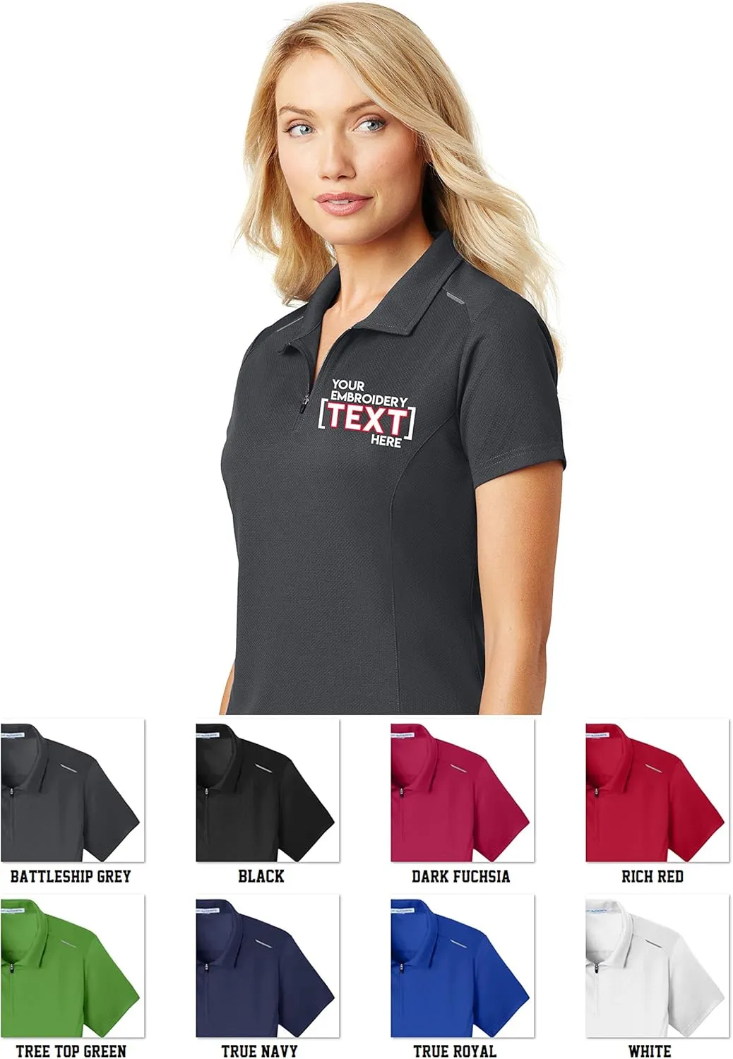 Custom Embroidered Polo Shirts for Ladies - Pinpoint Mesh Quarter Zip Personalized Embroidery Polos
