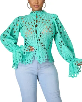 Doweha Womens Sexy Ruffle Long Sleeve Summer Lace Tops 2025 Puff Flare Shirt V Neck Hollow Out Button Down Tunic Blouses