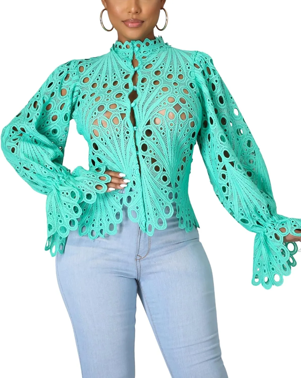 Doweha Womens Sexy Ruffle Long Sleeve Summer Lace Tops 2025 Puff Flare Shirt V Neck Hollow Out Button Down Tunic Blouses