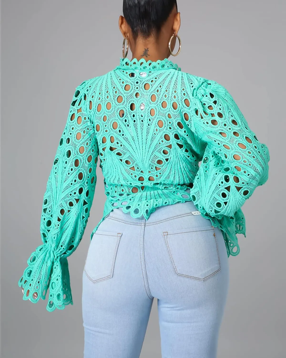 Doweha Womens Sexy Ruffle Long Sleeve Summer Lace Tops 2025 Puff Flare Shirt V Neck Hollow Out Button Down Tunic Blouses