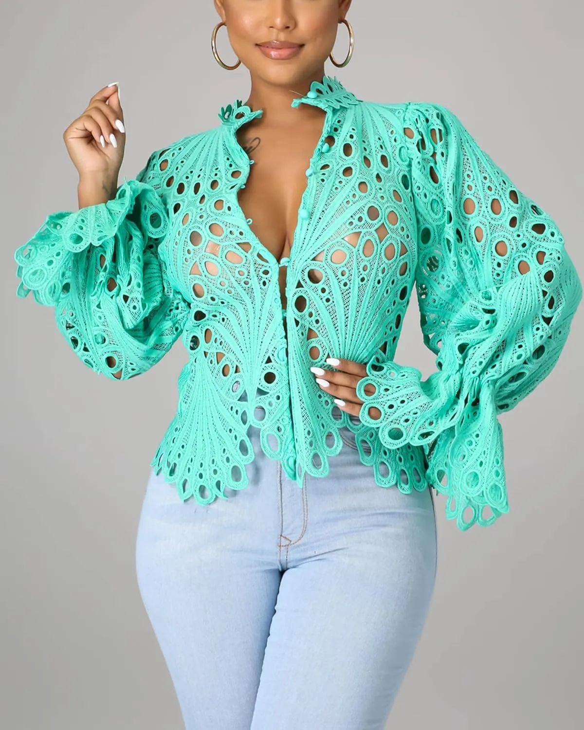 Doweha Womens Sexy Ruffle Long Sleeve Summer Lace Tops 2025 Puff Flare Shirt V Neck Hollow Out Button Down Tunic Blouses