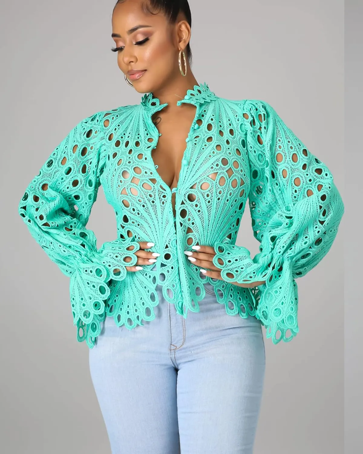 Doweha Womens Sexy Ruffle Long Sleeve Summer Lace Tops 2025 Puff Flare Shirt V Neck Hollow Out Button Down Tunic Blouses