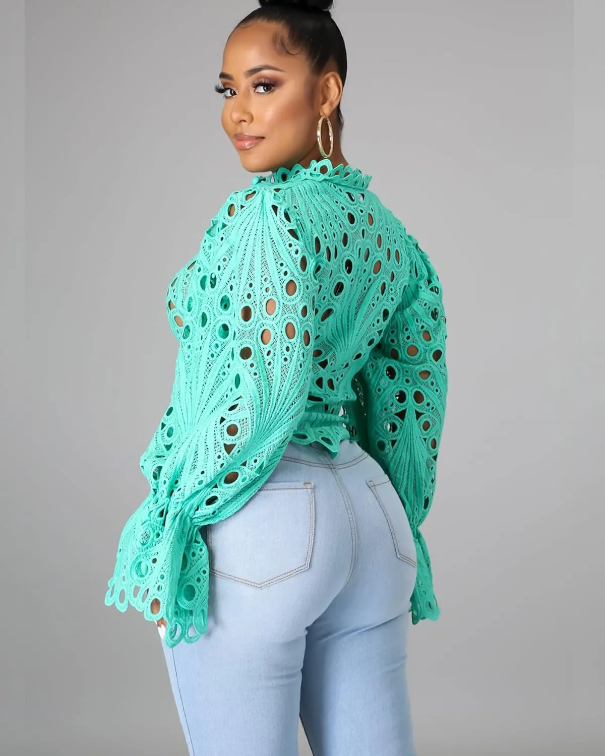 Doweha Womens Sexy Ruffle Long Sleeve Summer Lace Tops 2025 Puff Flare Shirt V Neck Hollow Out Button Down Tunic Blouses