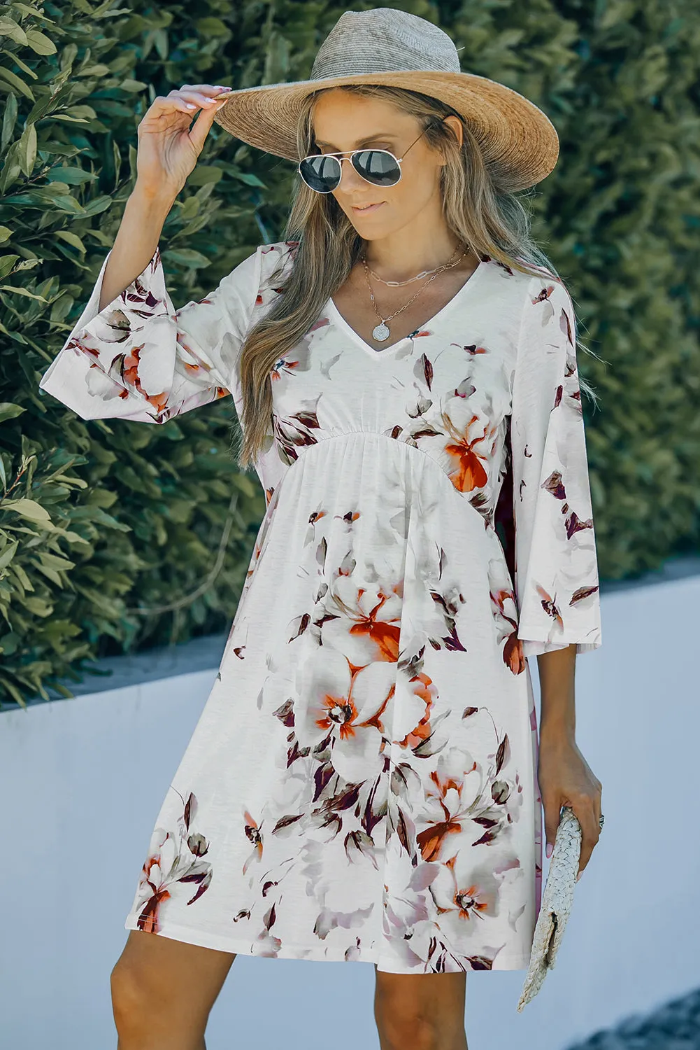 Floral V-Neck Three-Quarter Sleeve Mini Dress