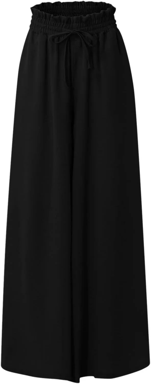 Flowy Wide Leg Pants for Women Ladies Chiffon High Waisted Palazzo Pants Comfy Paperbag Beach Pants with Pockets