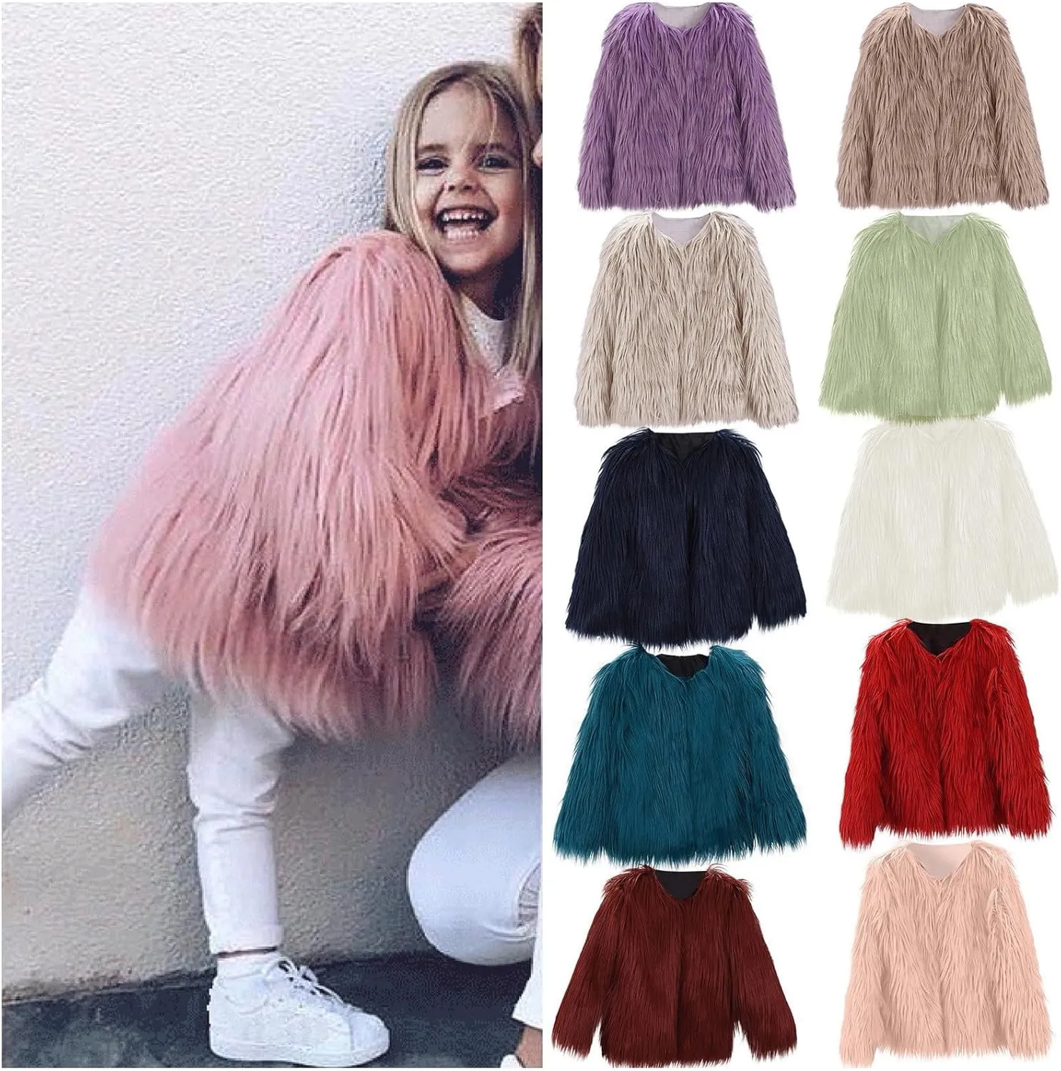 Girls Faux-Fu Jacket Coat Toddler Baby Kids Autumn Winter Thicken Warm Fashion Cool Fuzzy Outwear