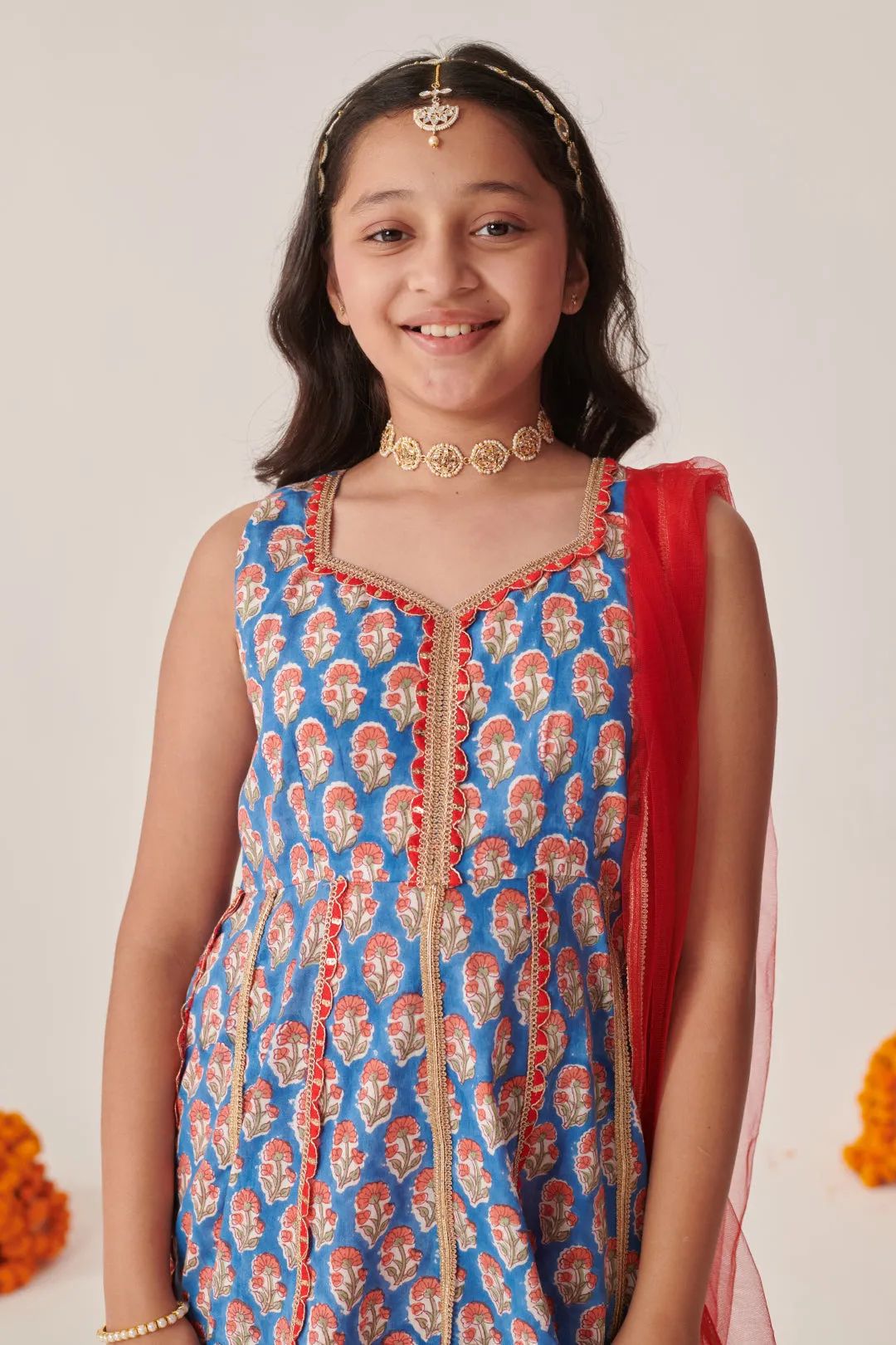 Girls Floral Printed Empire Gotta Patti Kurta With Palazzos With Dupatta