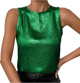 HGps8w Women's Shimmer Velvet Tank Tops Dressy Crew Neck Seeveless Cute Sparkle Glitter Party Disco Tee Shirts