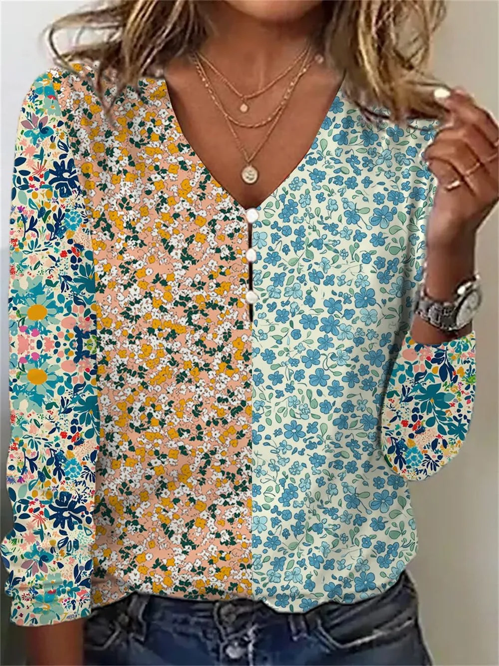 HOTYD Women's Boho Floral Print Blouses for Women Dressy Casual Button Cute Blouse V Neck Long Sleeve Shirts Tunic Tops