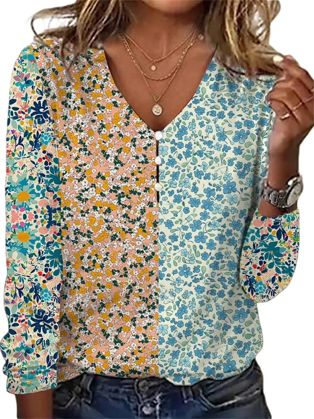 HOTYD Women's Boho Floral Print Blouses for Women Dressy Casual Button Cute Blouse V Neck Long Sleeve Shirts Tunic Tops
