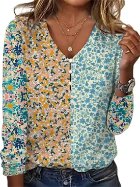 HOTYD Women's Boho Floral Print Blouses for Women Dressy Casual Button Cute Blouse V Neck Long Sleeve Shirts Tunic Tops