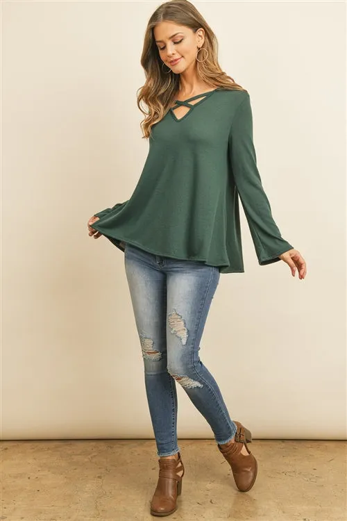 Hunter Green Criss Cross Long Sleeve Hacci Top