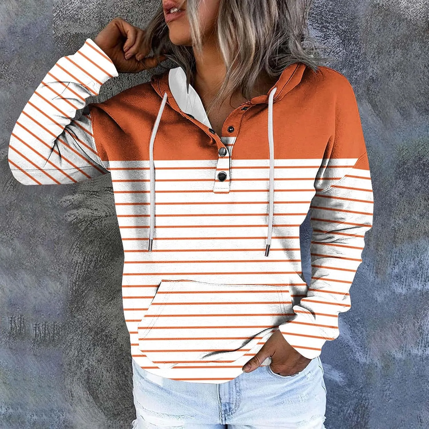 Ladies Stripes Hoodie Women Color Block Hoody Shirt Sweatshirt V Neck Sweater Top with Buttons Long Sleeve Pullover