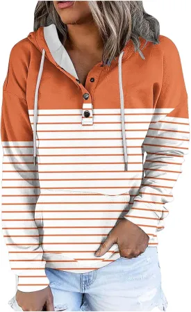Ladies Stripes Hoodie Women Color Block Hoody Shirt Sweatshirt V Neck Sweater Top with Buttons Long Sleeve Pullover