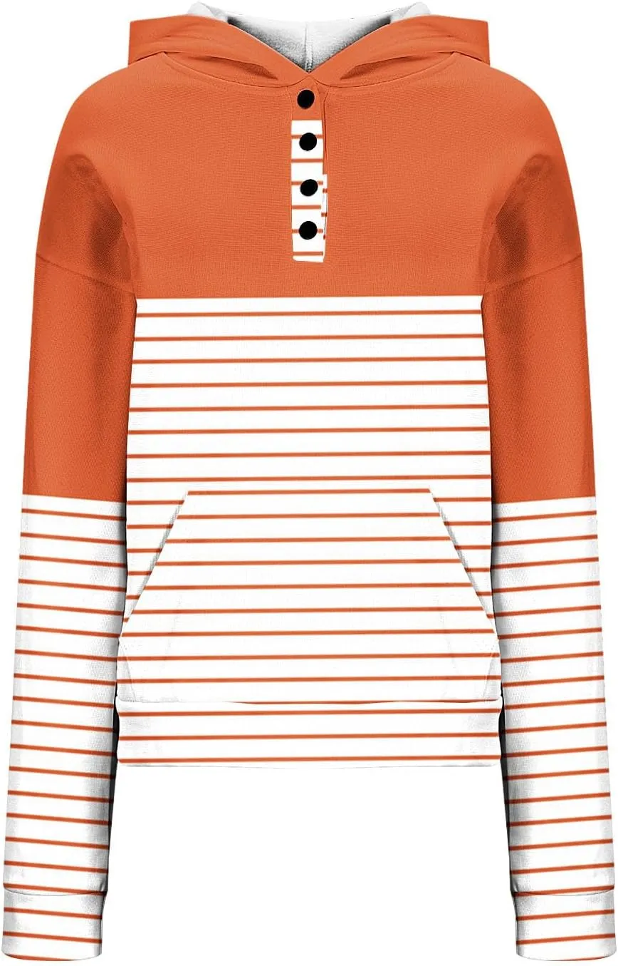 Ladies Stripes Hoodie Women Color Block Hoody Shirt Sweatshirt V Neck Sweater Top with Buttons Long Sleeve Pullover