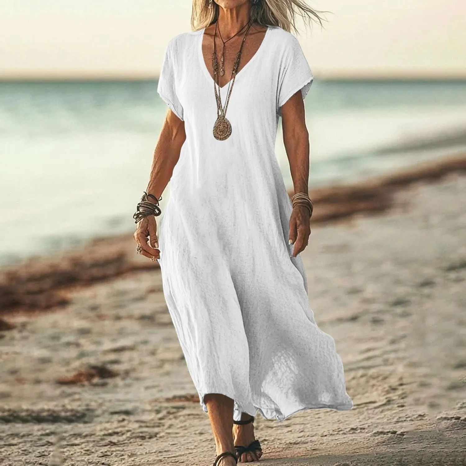 Linen Dresses for Women 2025 Trendy Flowy Sundresses Loose Fit Cotton Maxi Dress Summer Beach Vacation Casual Dress