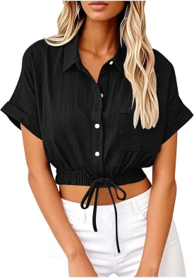 Linen Shirts for Women Casual Sexy Crop Tops Short Sleeve Button Down Blouses V Neck Loose Fit Trendy Tees Shirt