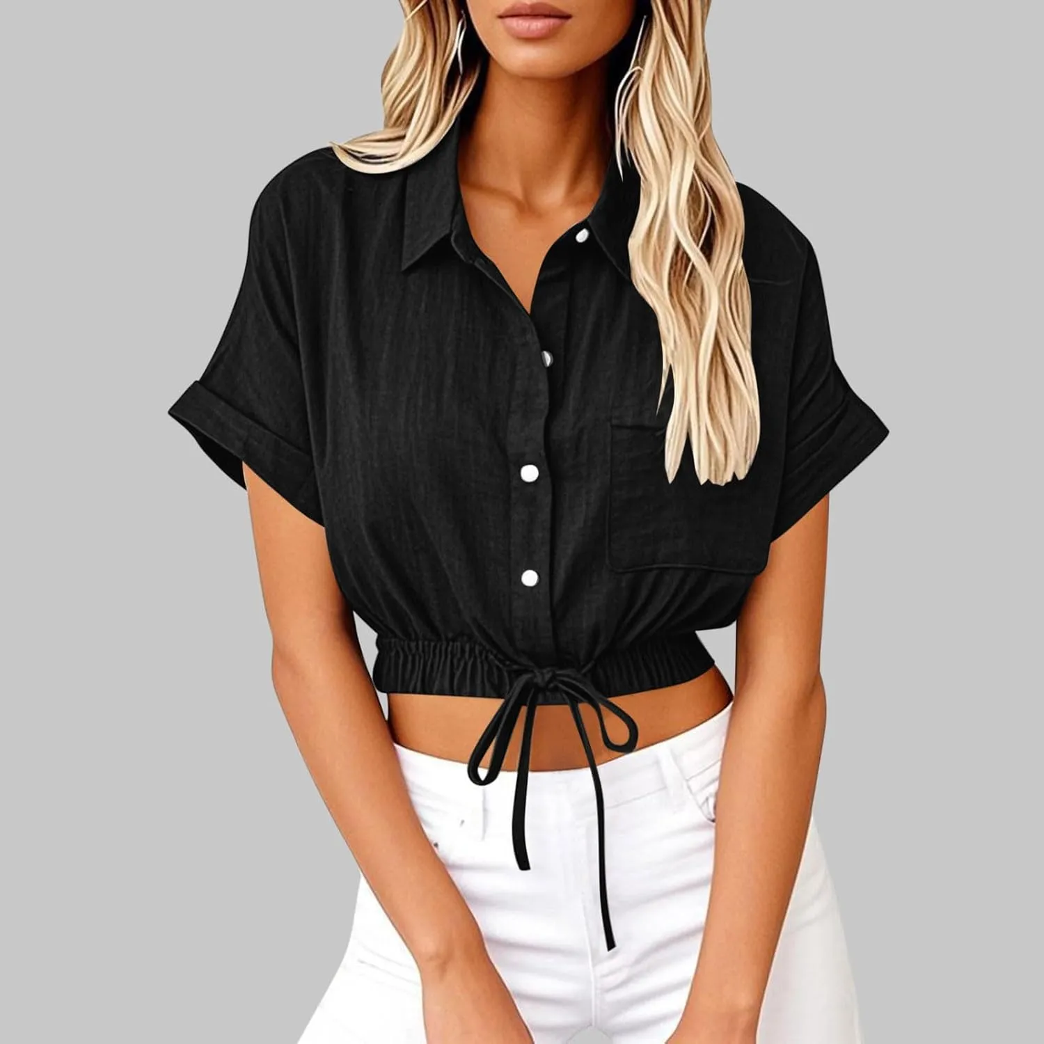 Linen Shirts for Women Casual Sexy Crop Tops Short Sleeve Button Down Blouses V Neck Loose Fit Trendy Tees Shirt