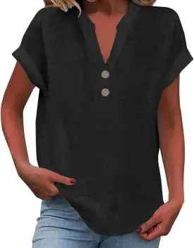 Linen Tops for Women Loose Fit Gauze Short Sleeve Plus Size Shirts Summer Button V Neck Casual Dressy Blouses