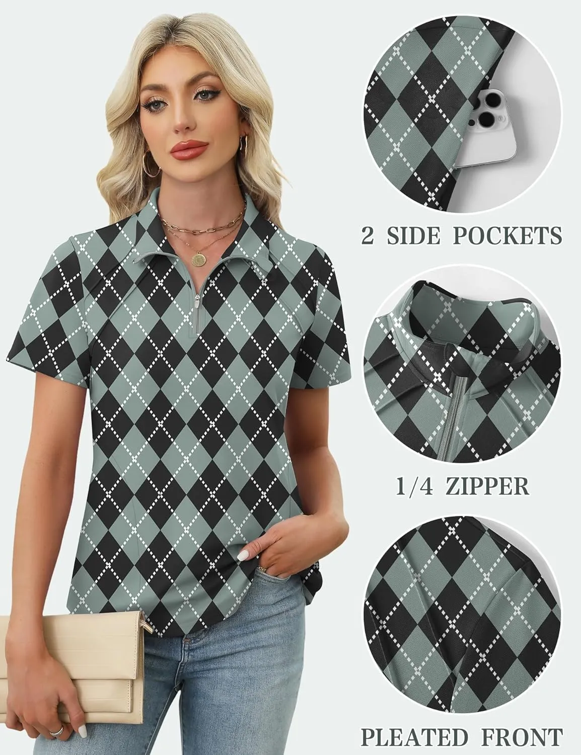 LOMON Womens Golf Polo Shirts Summer Short Sleeve 1/4 Zip Tops Moisture Wicking Casual Tennis Activewear with Pockets