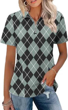 LOMON Womens Golf Polo Shirts Summer Short Sleeve 1/4 Zip Tops Moisture Wicking Casual Tennis Activewear with Pockets