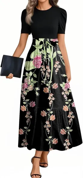 Long Floral Dresses for Women 2025 Elegant Boho Tie Belted Patchwork Empire Waist Short Sleeve Modest Flowy Maxi Dress