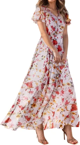 Maxi Floral Dresses for Women 2025 Summer Elegant Flowy Sundresses Trendy Flutter Sleeve Boho Long Dress V Neck Party
