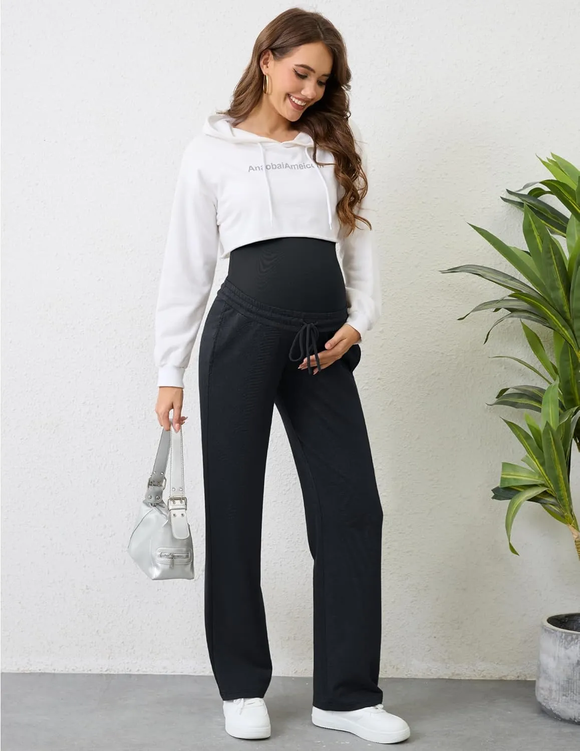 PACBREEZE Women's Maternity Pants Straight Leg Over Belly Casual Comfy Activewear Pregnancy Pants with Drawstrings