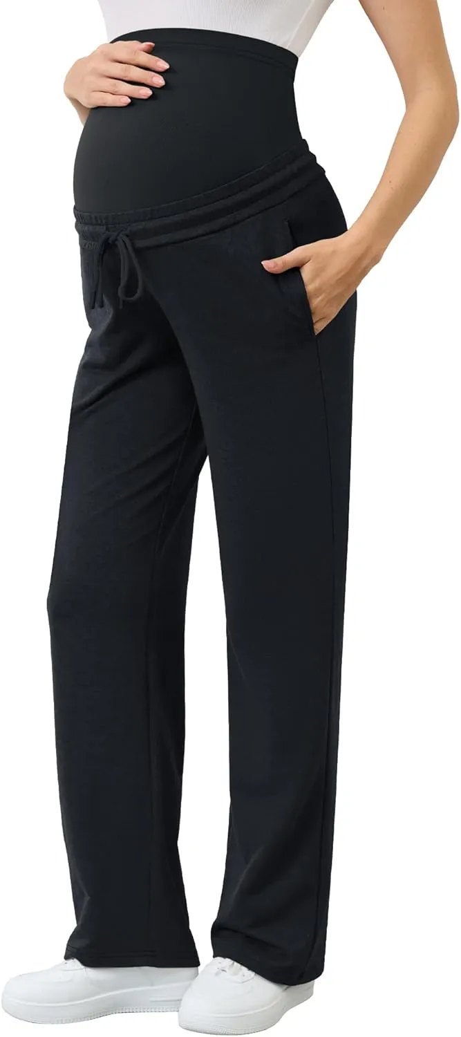 PACBREEZE Women's Maternity Pants Straight Leg Over Belly Casual Comfy Activewear Pregnancy Pants with Drawstrings