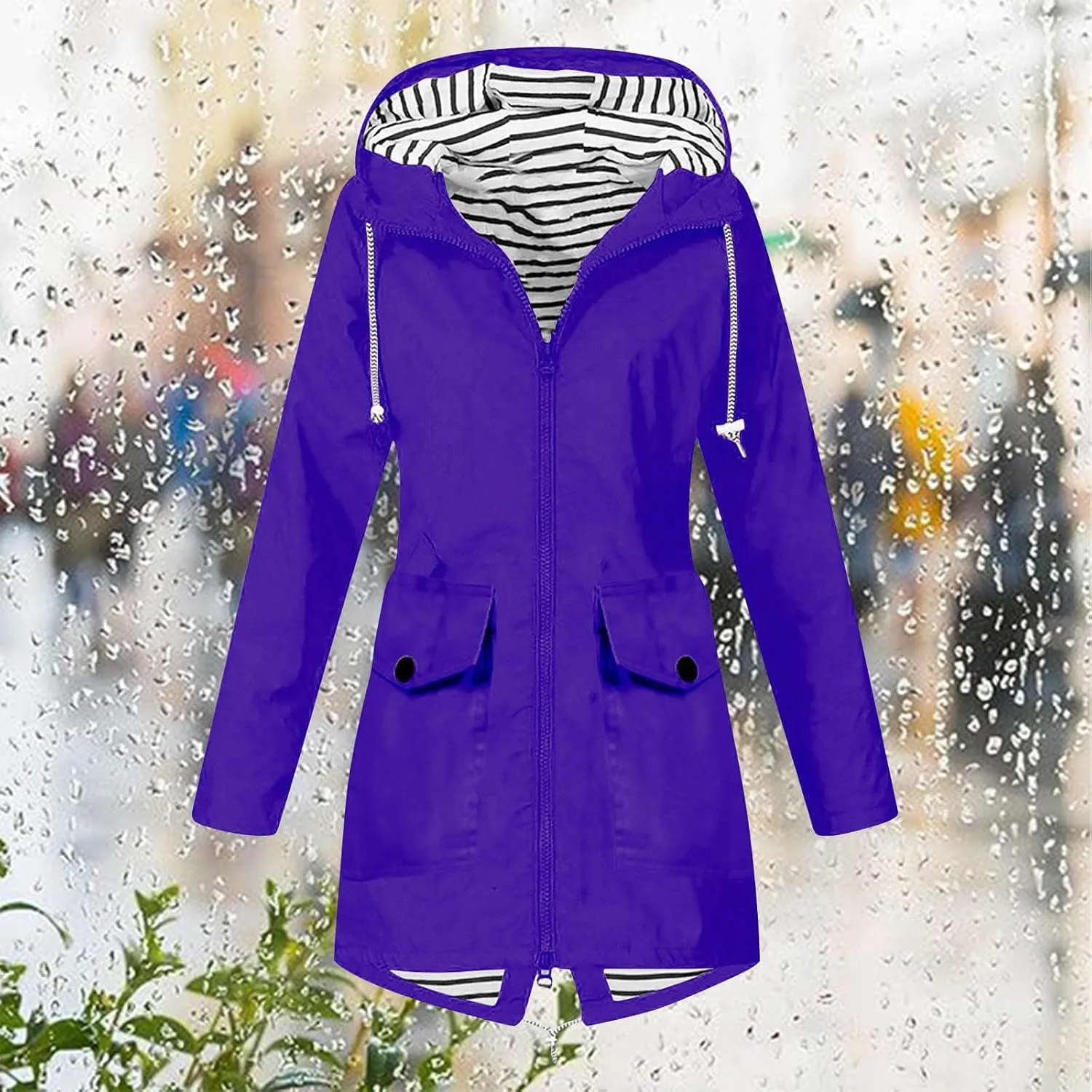 Rain Coats For Women Hiking Nylon Waterproof Hooded Zipper Length Coat Fall Winter Solid Color Outdoor Rain Jackets